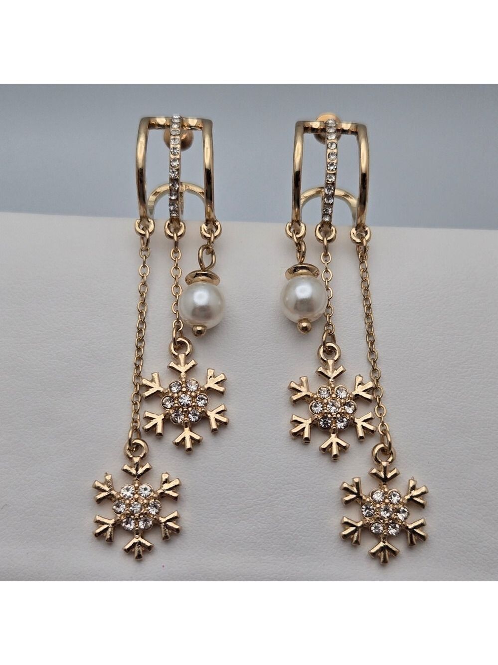✨2/$10✨ Gold Snowflake Dangle Earrings CZ Crystals Faux Pearls Rhinestone 2.5”